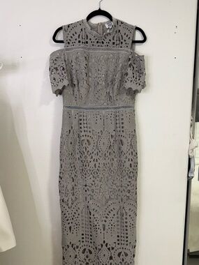 Cold-Shoulder Lace Midi Dress in Gray by Unknown Brand